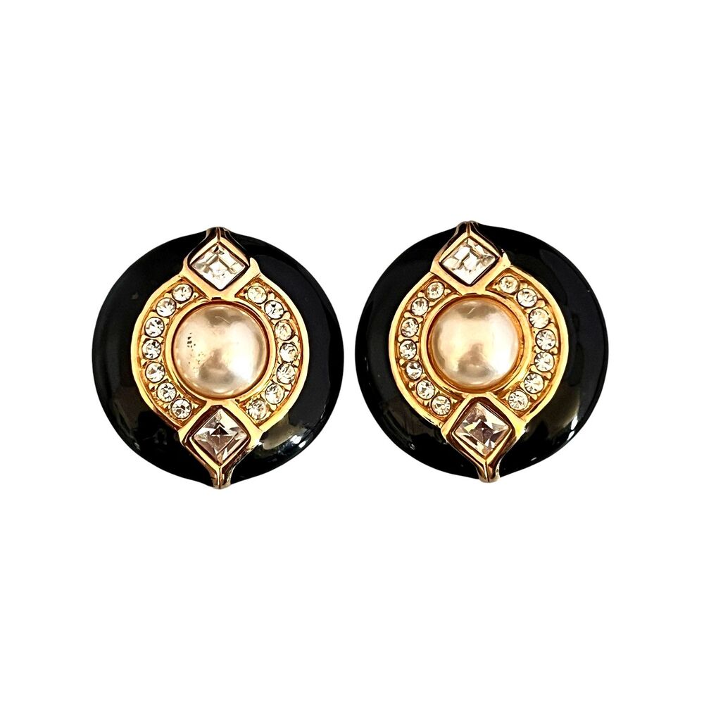 Vintage 1980s Swarovski Earrings Pearl Black Enamel Crystal Clip On - 10K
